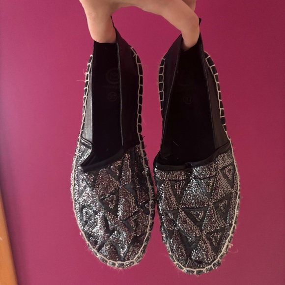 Silver sequin black leather Amenapih espadrilles - Picture 1 of 4